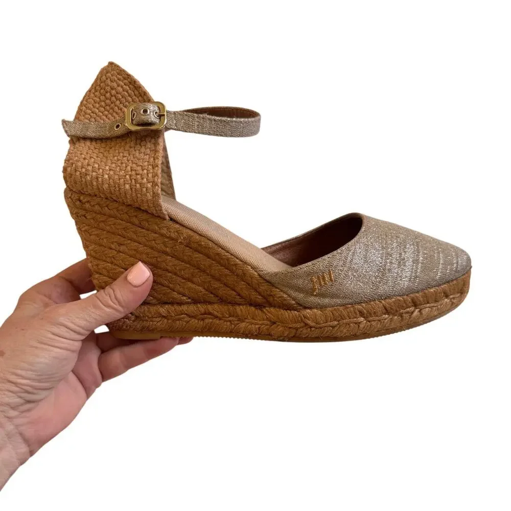 Viscata Barcelona Satuna Canvas Espadrille Wedge Sandal Tan Silver Size 39 US 9
